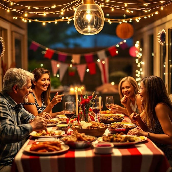 A group of friends gathered around a table, enjoying a festive meal and each other's company on the Fourth of July.