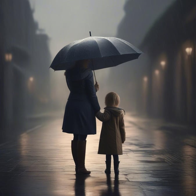 A tender moment between a mother and child, navigating the rain together. A heartwarming scene for Mother's Day.