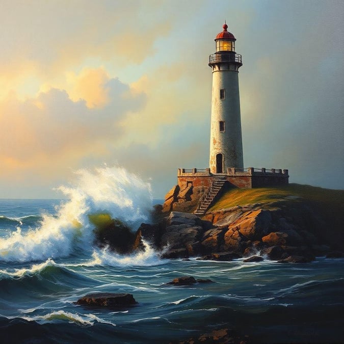 A serene scene of a lighthouse standing tall amidst the rough ocean waters during a storm.