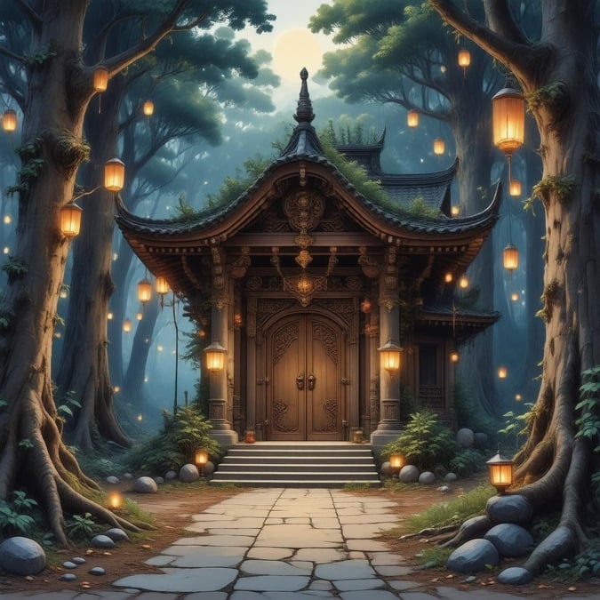 Immerse yourself in the mystical world of anime with this captivating wallpaper featuring a detailed digital illustration of an enchanting shrine, surrounded by a dense forest of tall trees and glowing lanterns.