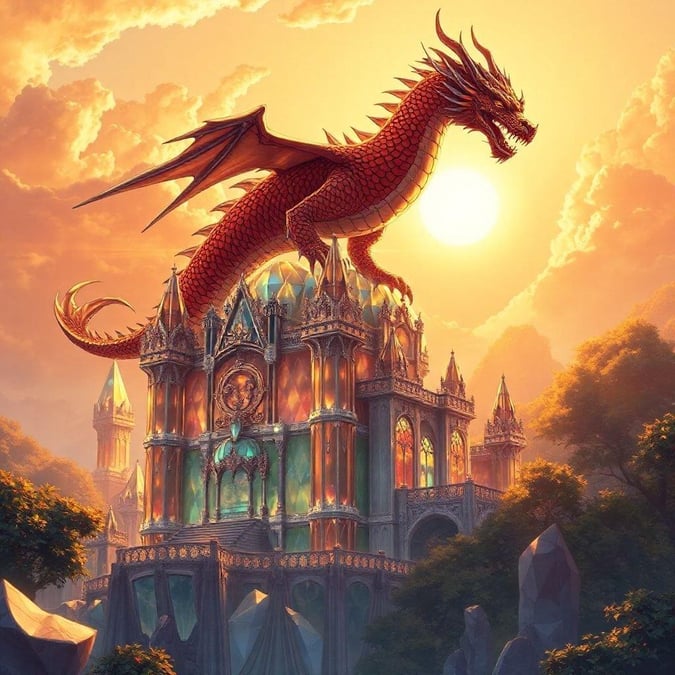 Eine majestätische Burg aus Kristallen, mit einem Drachen, der auf seinem Kopf sitzt, vor einem warmen orange-gelben Hintergrund.