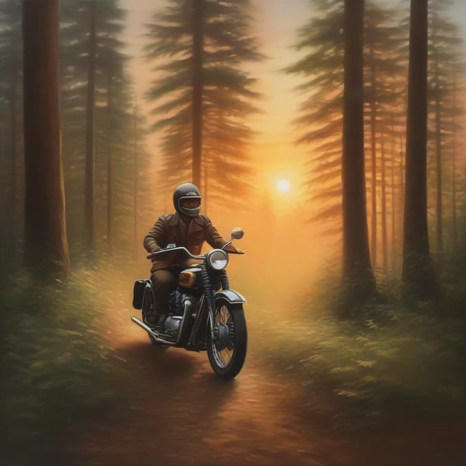 A man riding his motorcycle along a path through the misty forest, with the sunset glowing in the background. The scene captures the solitude and tranquility of a journey through nature.