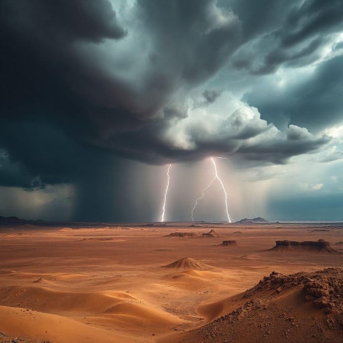 Experience the raw power of nature as a storm unleashes its might in this remote desert landscape. Thunder strikes fiercely, lightning illuminates the darkness, and rain pelts down from the skies, creating an atmosphere both terrifying and awe-inspiring.