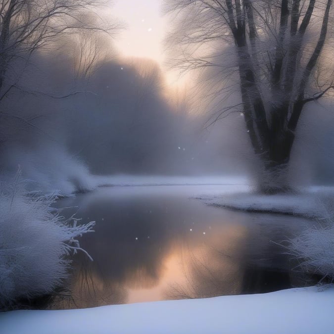 A tranquil winter scene with misty reflections of trees on the calm waters of a lake.