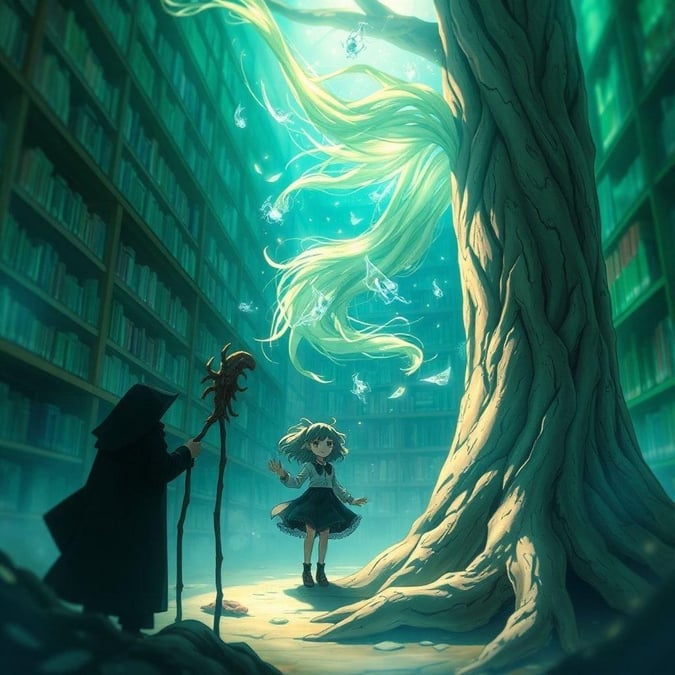 Entrez dans un monde de merveilles avec cette illustration anime captivante, où une jeune fille invoque des créatures magiques d'une bibliothèque, ses cheveux étant une cascade radieuse de lumière. Au milieu des murs flous de la bibliothèque, une figure mystérieuse tient un bâton, tandis qu'un grand tronc d'arbre ajoute une touche de vie à la scène.