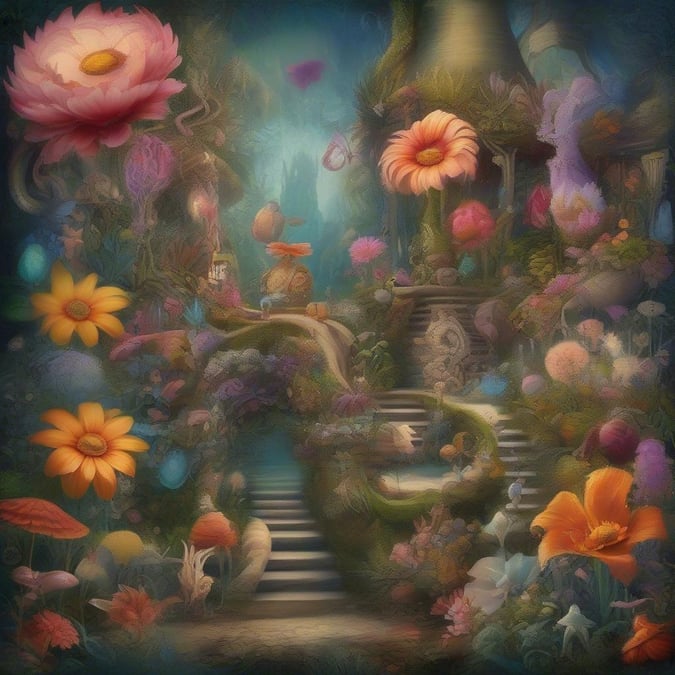 A vibrant, mystical flower garden with stairs leading to the entrance. Perfect for a dreamy, magical wallpaper.