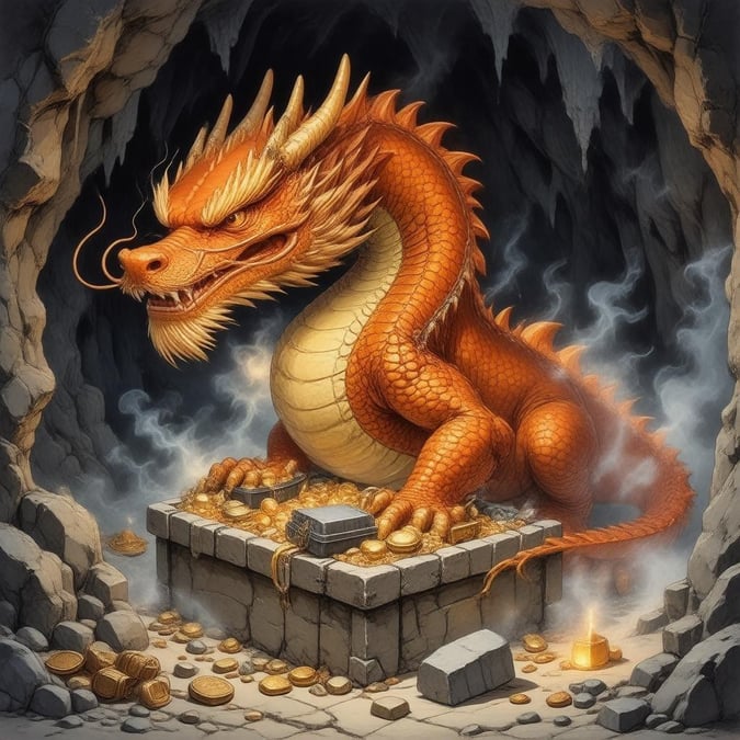 Questa affascinante illustrazione anime ritrae il maestoso tesoro di un drago, pieno di artefatti antichi e tesori, ambientato contro uno sfondo di caverna nebbiosa. Le vibranti squame arancioni e gialle del drago contrastano splendidamente con l'atmosfera scura e misteriosa, creando un senso di attesa e magia.