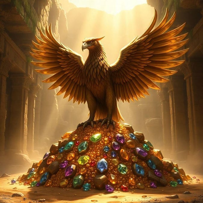 A majestic golden eagle perched on a mountain of jewels, symbolizing strength, wealth, and the allure of treasures.