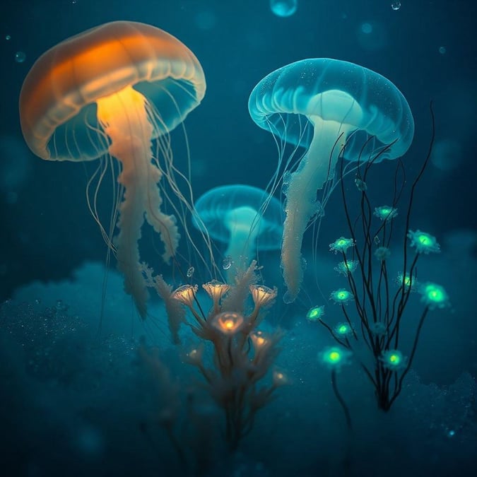 A vibrant undersea scene featuring jellyfish with glowing tentacles against a deep blue ocean backdrop, evoking the mystical beauty of the marine world.