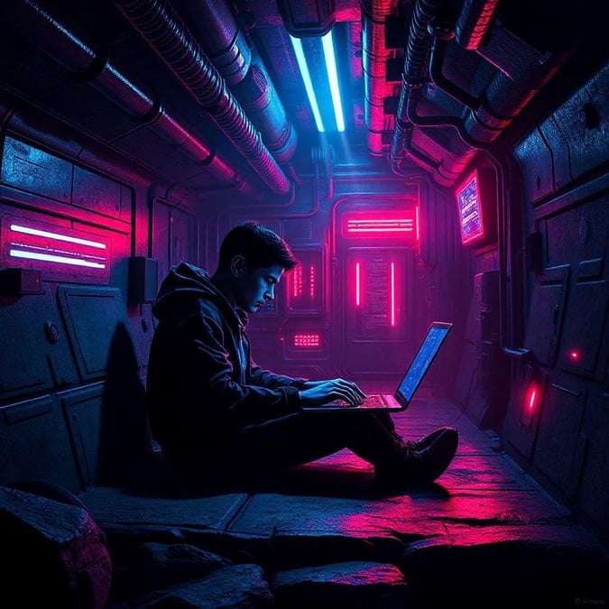 Immerse yourself in the futuristic world of cyberpunk with this captivating wallpaper, where neon lights and advanced technology blend seamlessly.