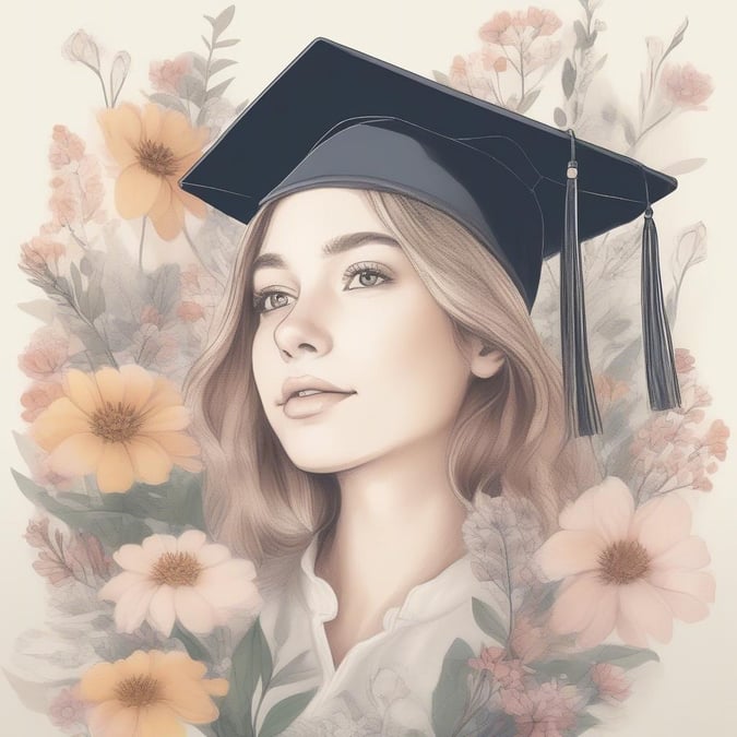 A young woman graduates from high school or college, embracing a momentous milestone with pride and confidence. She is surrounded by flowers that symbolize achievement and growth.