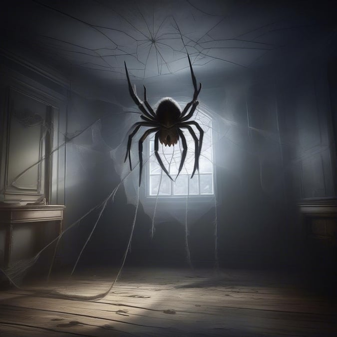 A hauntingly detailed image of an arachnid in the heart of a web, ready to pounce. The perfect creepy wallpaper for your spooky Halloween decor!