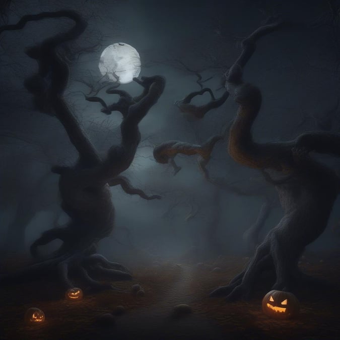 Wander through the enchanting Halloween forest where illuminated jack-o'-lanterns guide your way, casting a magical glow on the ancient twisted trees and winding path. The full moon hangs in the sky above, adding to the otherworldly atmosphere.