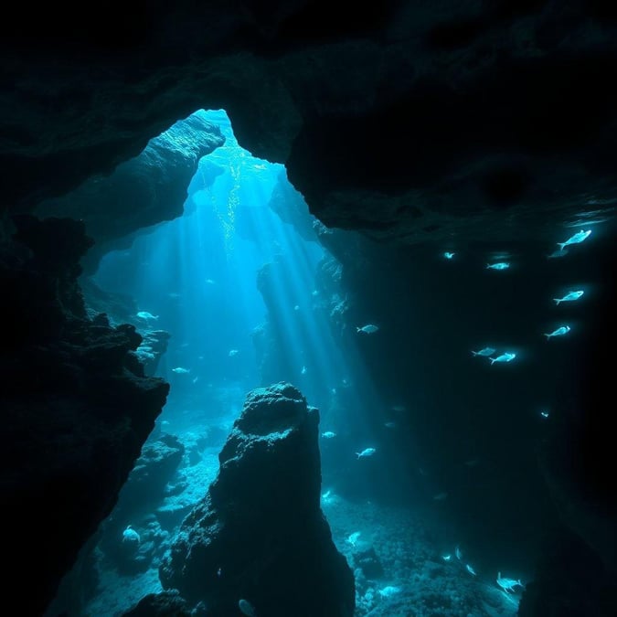 A captivating scene from the depths of the ocean, where sunlight pierces through openings in towering rock formations, illuminating an underwater cave and the diverse sea life that thrives within.