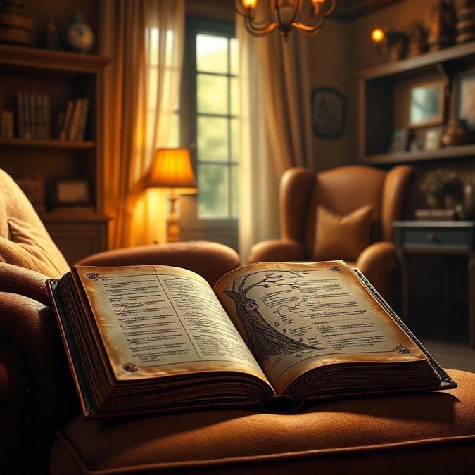 A cozy wizard's study with a book of ancient magic spells.