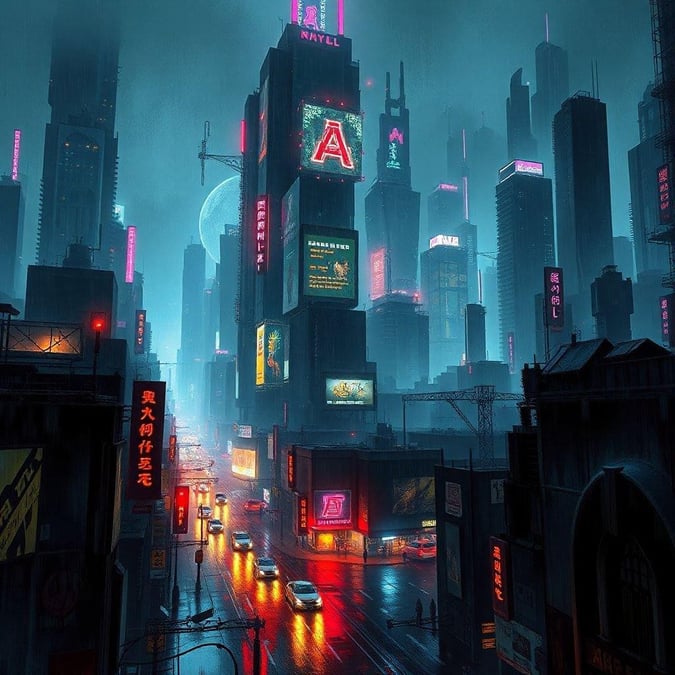 A gloomy urban scene with neon lights shining on rainy streets, showcasing a city that is both futuristic and nostalgic.