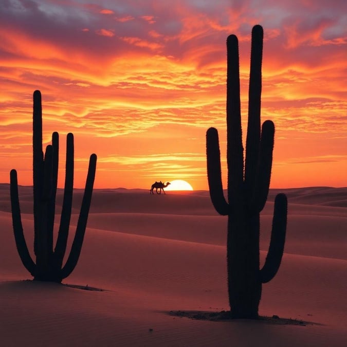 Um pôr do sol de tirar o fôlego no deserto, com um camelo caminhando à distância.