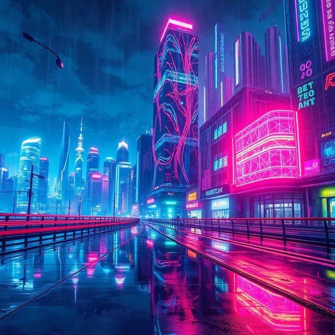 Experience the vibrant energy of this anime-inspired cityscape, where neon lights and towering skyscrapers come together to create a futuristic and captivating atmosphere.