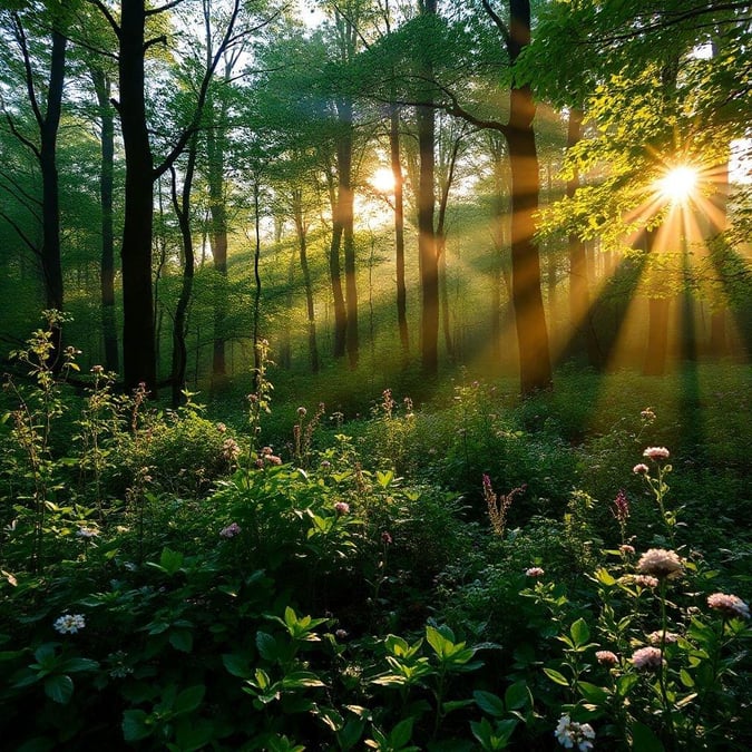 A serene and peaceful scene of a sunrise in the forest, with the sun peeking through the trees and casting a warm glow on the lush greenery.