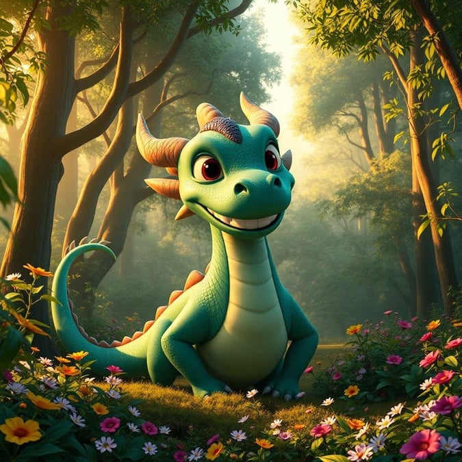 A cute cartoon dragon smiling in a forest surrounded by trees and flowers.