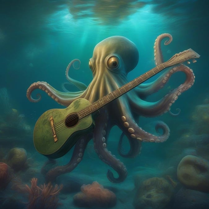 This image is a wallpaper for desktop and mobile use, featuring an octopus playing a guitar underwater. The image is a creative representation of an octopus, a common sea creature, playing a musical instrument, which is a unique and imaginative concept.