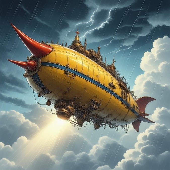 Eine beeindruckende digitale Illustration eines steampunk-inspirierten Luftschiffs im Anime-Stil, das durch einen stürmischen Himmel fliegt.