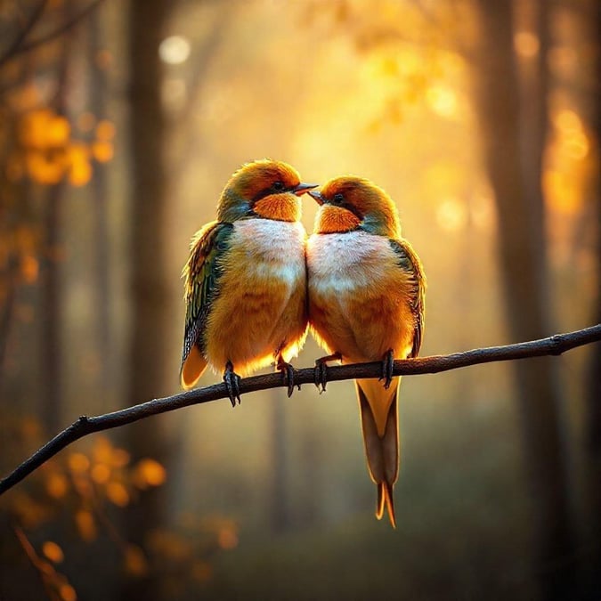 Two lovebirds perched on a branch, their warm hues standing out against the golden sunset.