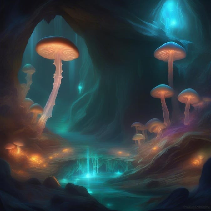 Immerse yourself in this enchanting underwater fantasy, where bioluminescent plants and glowing mushrooms create a mesmerizing display of light and color.