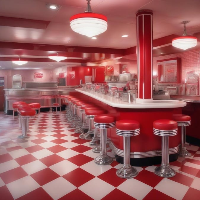 Take a step back in time with this vintage kitchen cafe, complete with red and white checkered floor, classic stools, and a menu board straight out of the 1950s. Serving up comfort food with a nostalgic flair.