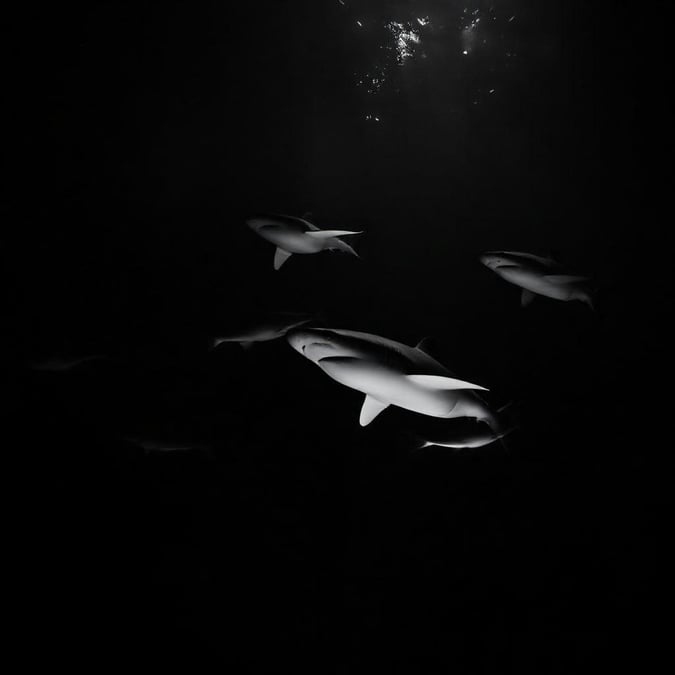 A mesmerizing view of several sharks gracefully swimming together in the depths of the ocean.