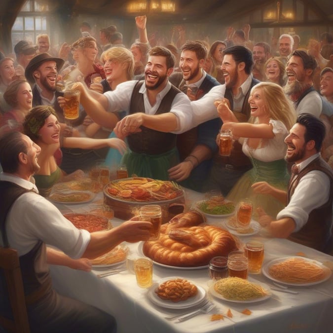 A crowd of people reveling in the festivities at an Oktoberfest celebration, with beer and food on the tables. The atmosphere is joyful and full of life.