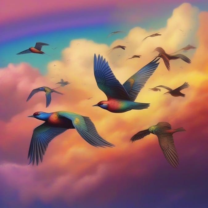 A flock of vibrant birds soaring through a pastel-colored sky, captured in a dreamy art style with soft clouds and delicate strokes.