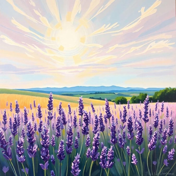 A serene sunset over a vibrant lavender field, with a hint of clouds.