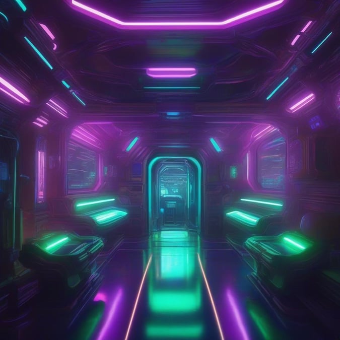 Step into a world of mystery and intrigue with this stunning image of a futuristic, neon-lit corridor. The vibrant colors and sleek design elements create a truly unique and captivating visual experience.