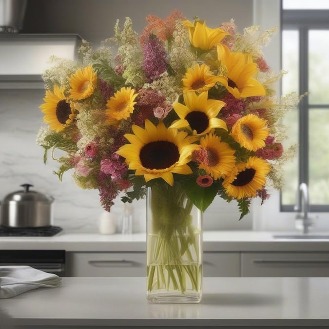 This stunning image features a vibrant sunflower bouquet, perfect for brightening up any space. The bouquet is arranged in a clear vase, showcasing the beauty of the sunflowers against a clean and modern background.