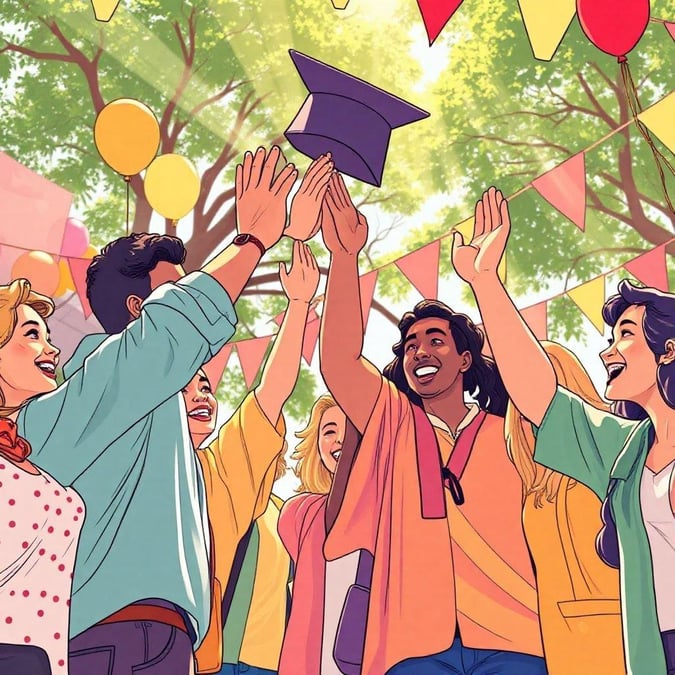 A joyous group of people celebrating the graduation day, with high fives and cheers, set against a sunny backdrop decorated for the occasion.