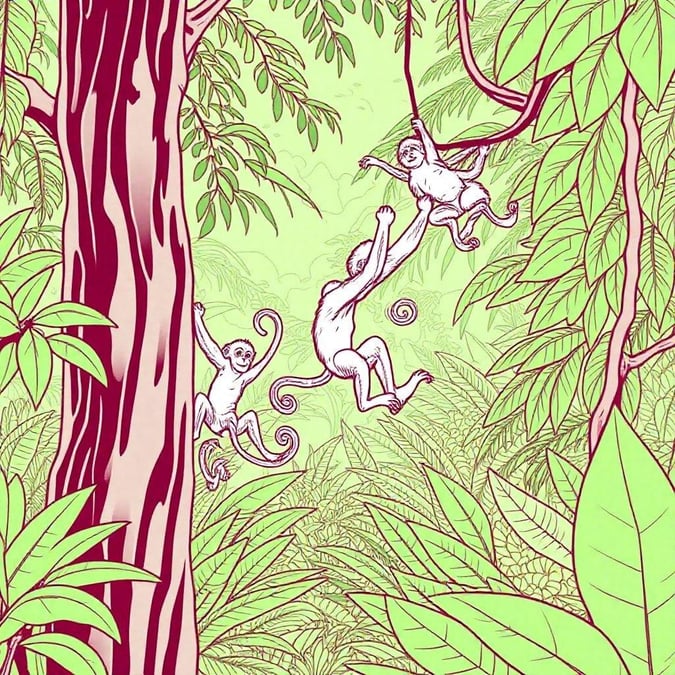 This wallpaper features a fun and playful scene of monkeys in a jungle setting, perfect for adding a touch of whimsy to your desktop or mobile device.