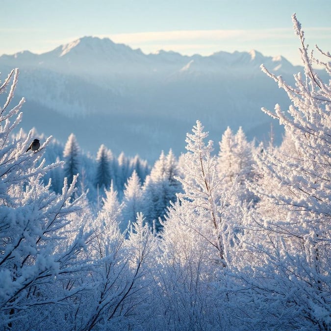 A picturesque snow-covered landscape with majestic mountains in the distance, a forest filled with dazzling winter trees, and a clear blue sky overhead.