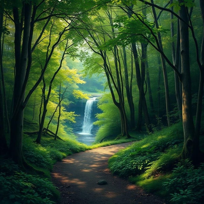 A serene forest path leading to a waterfall amidst lush trees.