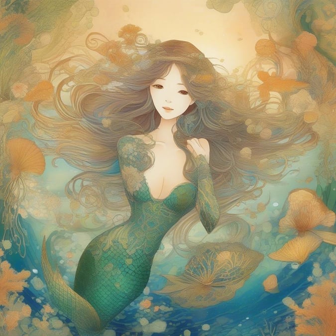 Embrace the magic beneath the waves with this detailed digital illustration of an enchanting mermaid. Her intricate clockwork and patterns are a testament to the mystical realm she inhabits. Amidst the ocean-like background, bathed in warm hues of blue and green, you can almost hear the call of the sea.