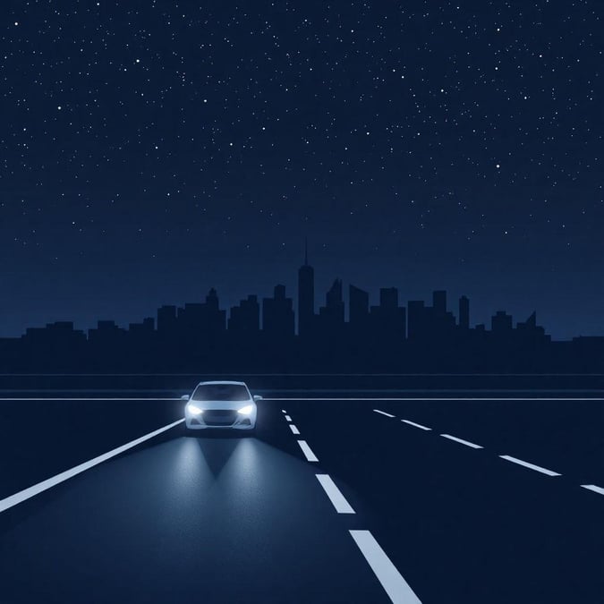 A peaceful nighttime drive through a city with the stars above.