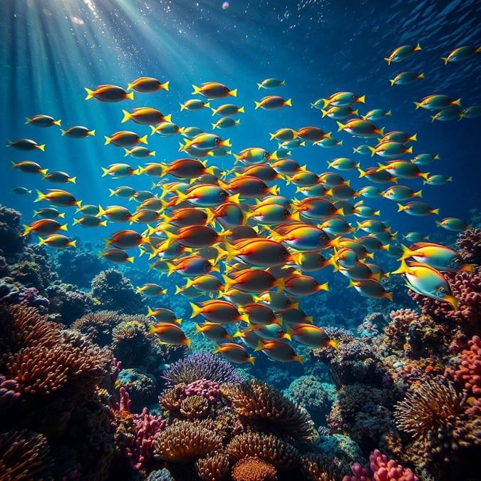 Dive into the vibrant world of marine life with this stunning wallpaper featuring a school of fish swimming amidst a colorful coral reef.