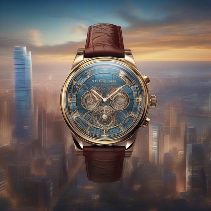 This sophisticated watch captures the essence of urban life, where timepieces serve as both fashion statements and tools. The intricate design on its face reflects the complexity of city life, while the sturdy build suggests it's a reliable companion for every day's journey.