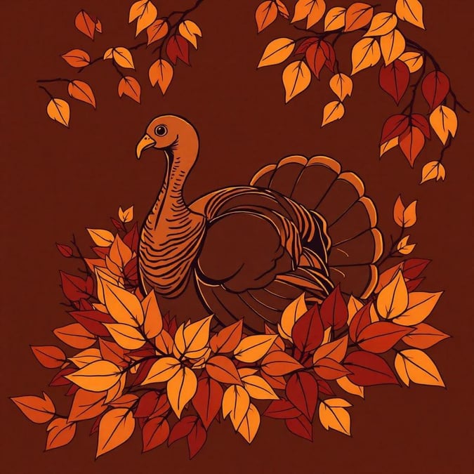 This beautiful Thanksgiving wallpaper features a turkey surrounded by autumn leaves, perfect for adding a touch of seasonal charm to your desktop or mobile device.