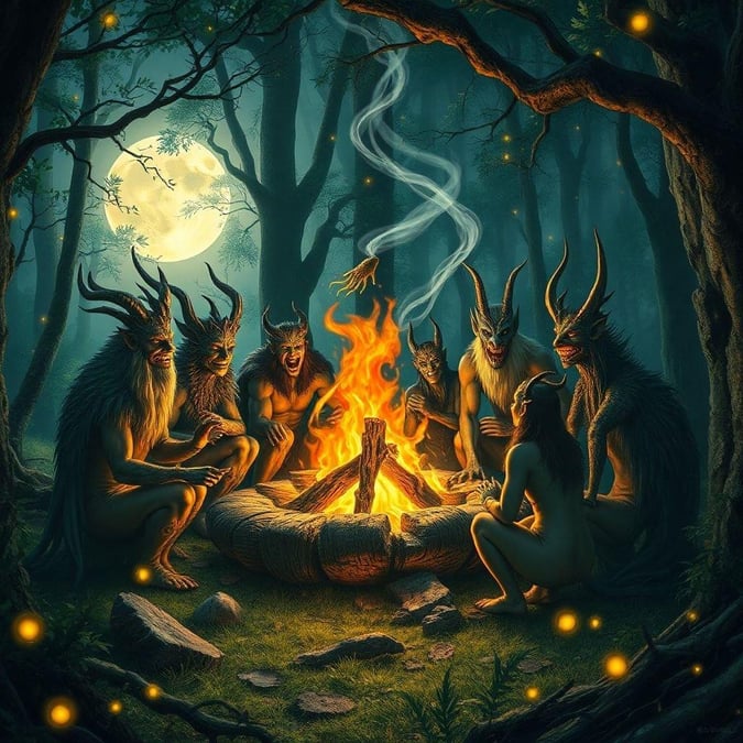 Immerse yourself in the enchanting world of fantasy with this captivating image of a group of mythical creatures gathered around a campfire in a mystical forest. The creatures, with their unique features and expressions, seem to be sharing stories and laughter, creating a sense of camaraderie and wonder. The forest, with its towering trees and glowing fireflies, provides a magical backdrop for this gathering, evoking a sense of adventure and fantasy.