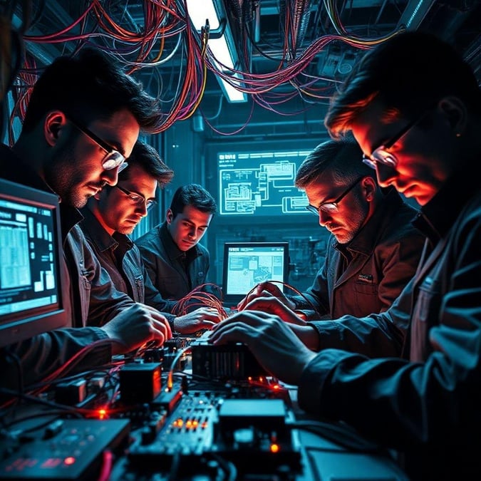 In this captivating image, a group of technologists are fully engaged in their work, surrounded by a sea of wires and computer equipment. The atmosphere is one of intense focus and collaboration, as they work together to bring their innovative ideas to life.