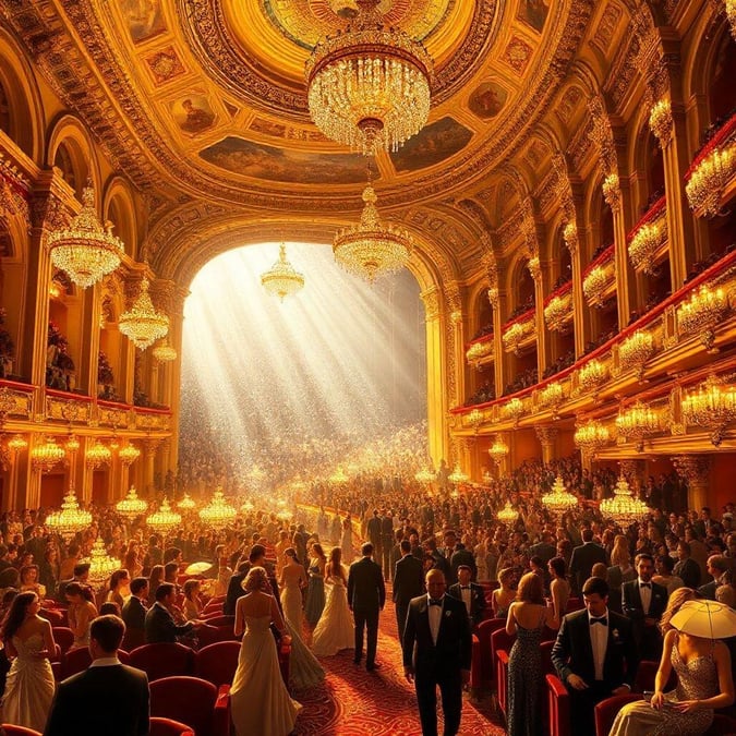 A bride and groom walk down the aisle during a grand performance at the Vienna State Opera, surrounded by musicians and opera singers.