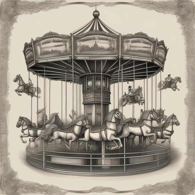 A whimsical scene set in a carnival, featuring a classic wooden carousel with two horses in motion. Ride on the merry-go-round of memories and enjoy a nostalgic moment.