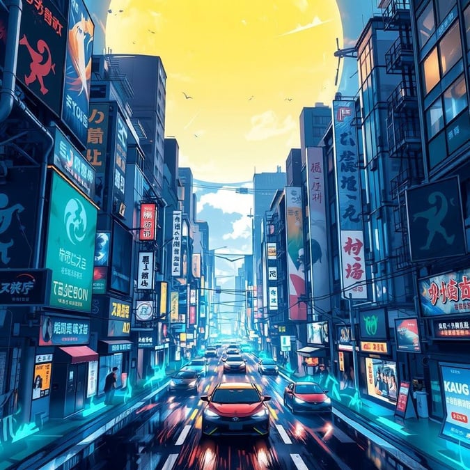 Stroll through the neon lights of a bustling futuristic Tokyo street. The digital illustration is awash in blues and greens, creating an atmospheric scene under the large yellow sky. This urban scene features holographic advertisements and flying cars, all illuminated by the glowing signs of shops and restaurants.