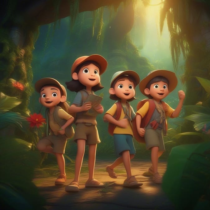 Follow these adorable adventurers as they embark on a jungle journey, armed with curiosity and friendship. Their cheerful spirits light up their path through the lush greenery and the misty mysteries of the rainforest.